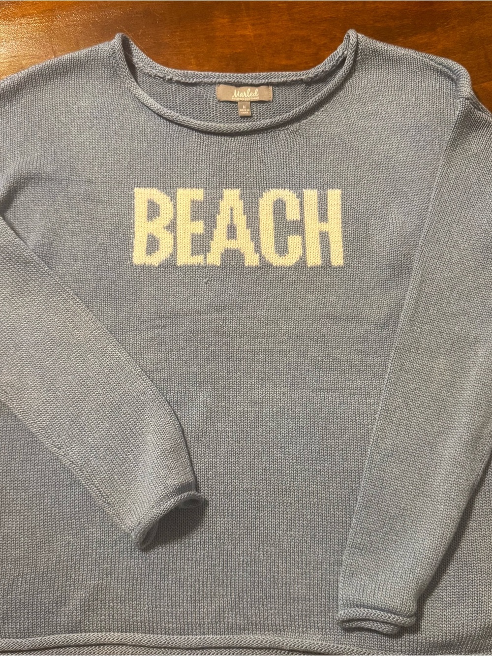 Blue Crewneck Sweater with Cream 'BEACH' Lettering